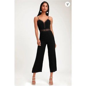 LULUS Size M Black LEETA Crochet Trim Sheer Empire Waist Wide Leg Pants Jumpsuit
